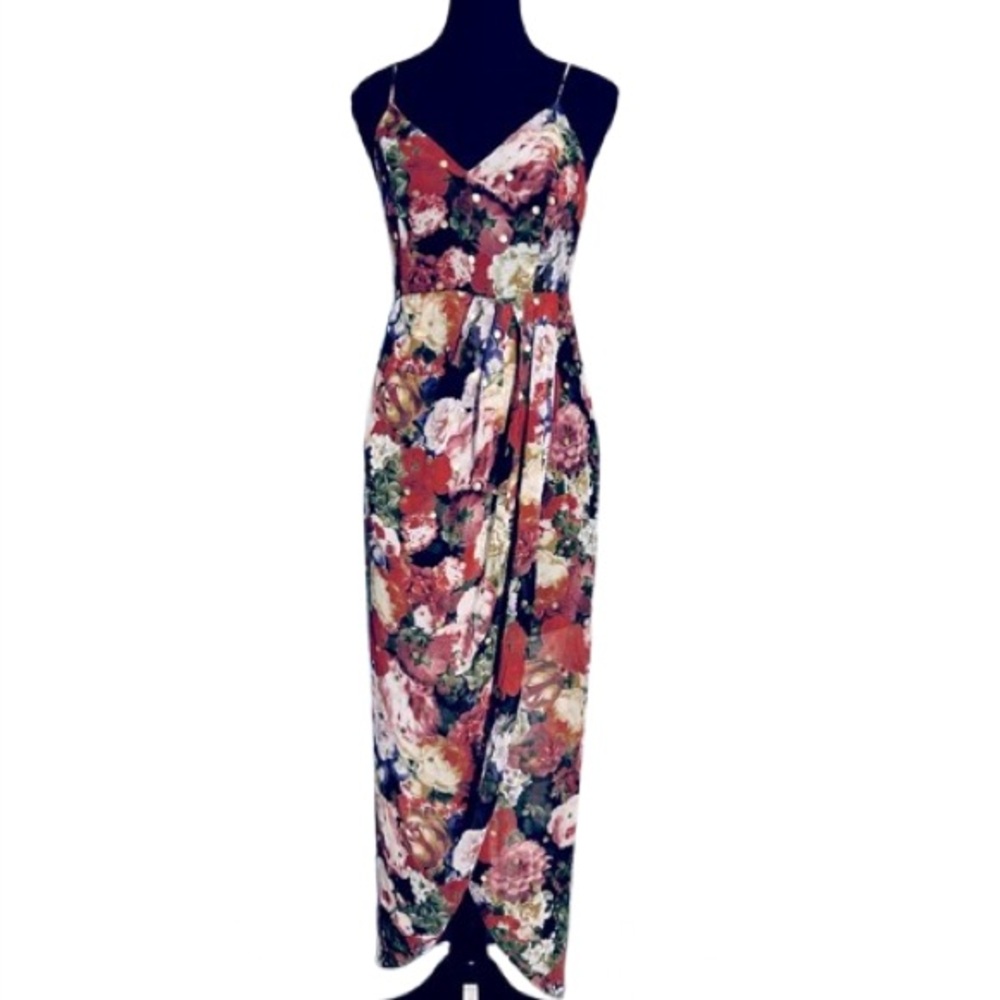EXPRESS SMALL LONG FLORAL DRESS FLOWERS SHEER STRAPPY ROSES RED MESH GOLD DOTS